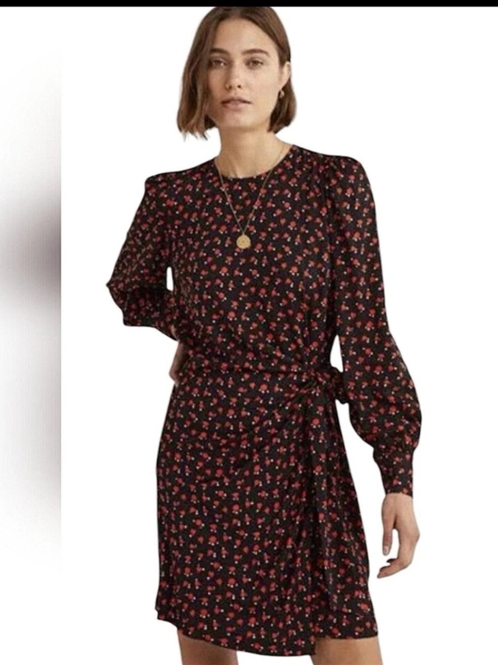 Boden Tulip Charm Tie Side Mini Dress Red 12L Floral Puff Sleeve